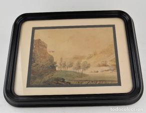 Arte: Paisaje, técnica mixta, acuarela y lápiz, siglo XIX, posible escuela española, firma ilegible.